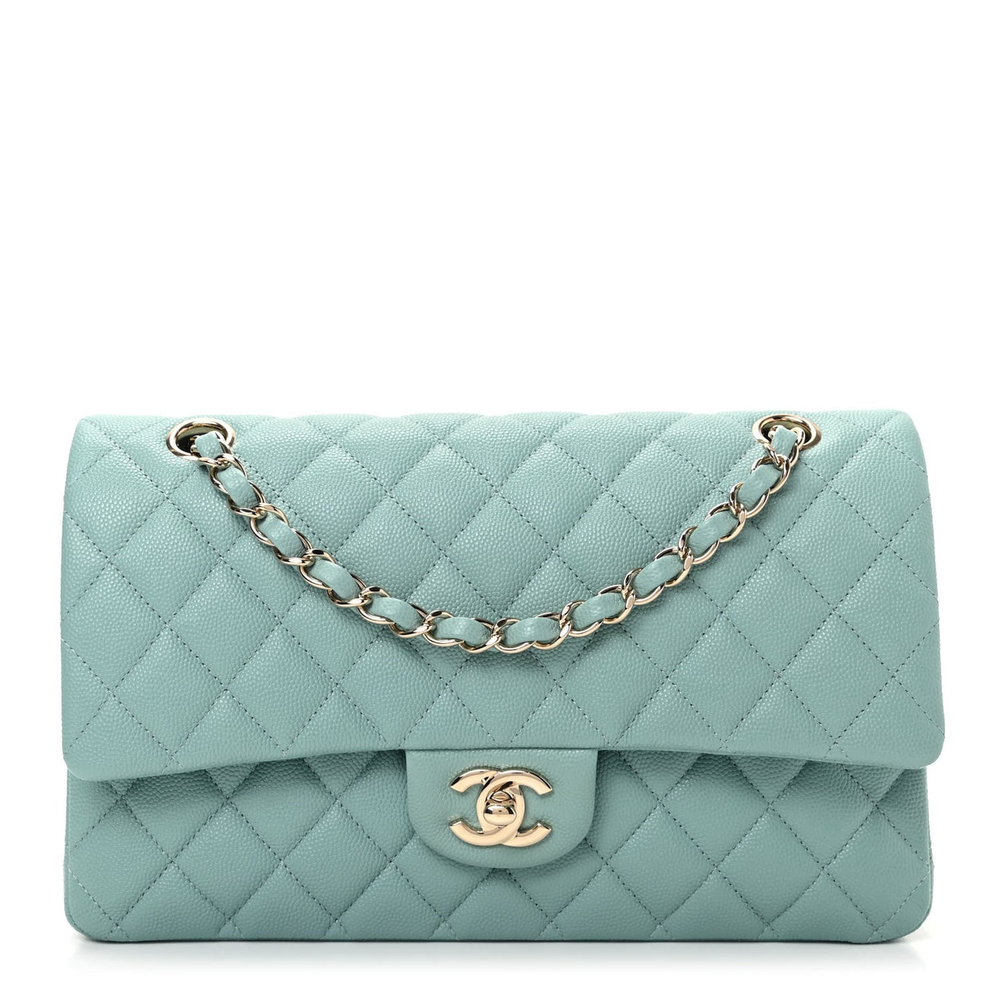 Caviar Quilted Medium Double Flap Light Blue