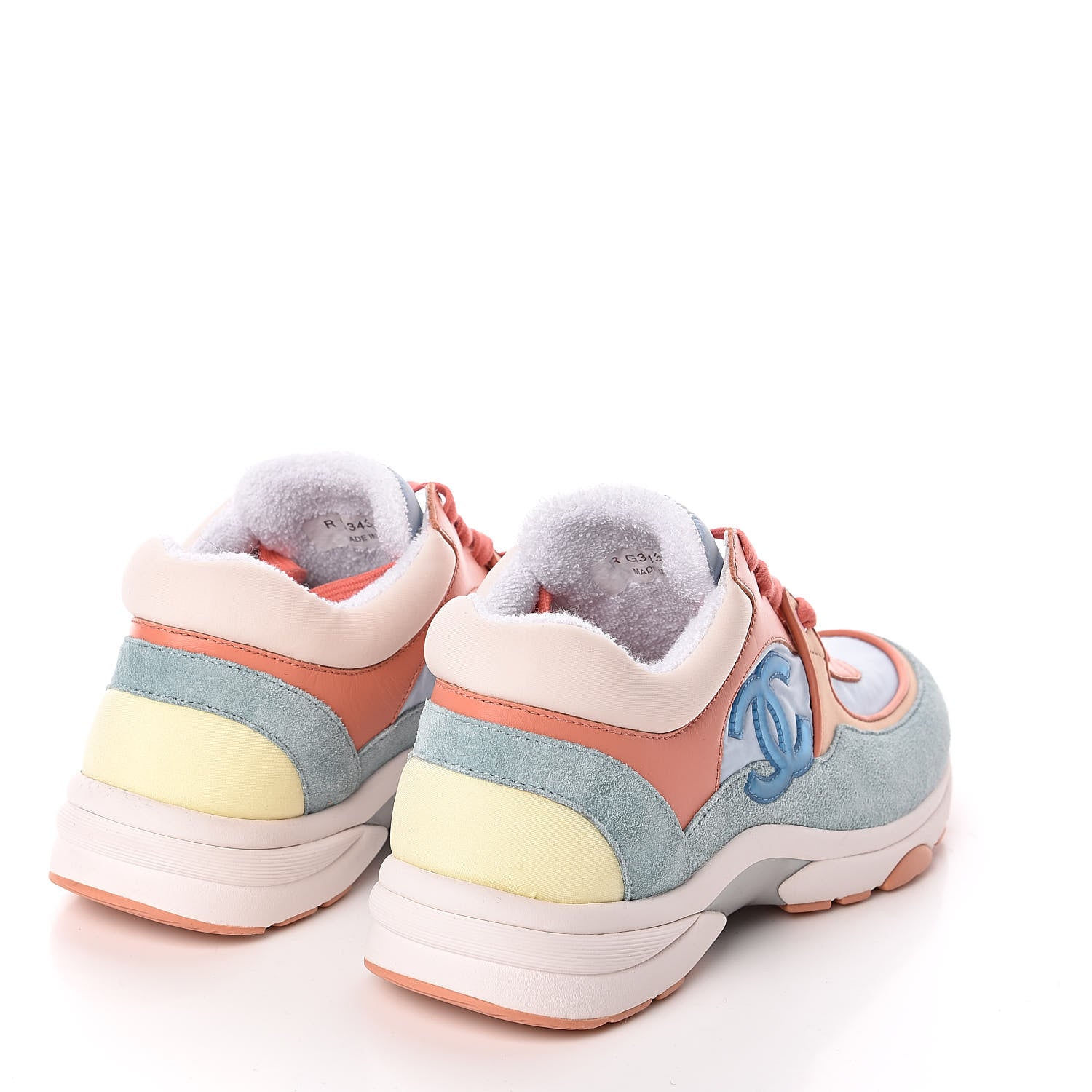 Chanel Nylon Lambskin Suede Calfskin CC Sneakers 38 Coral Light Blue White 4 of 9