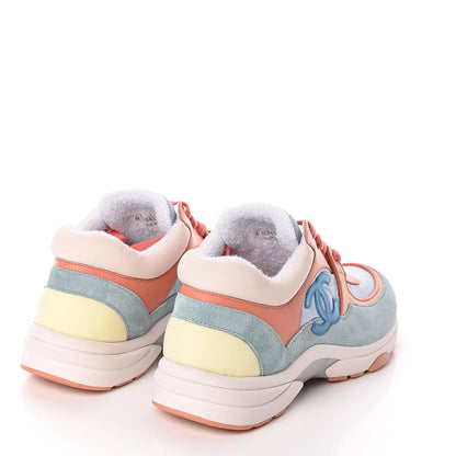Chanel Nylon Lambskin Suede Calfskin CC Sneakers 38 Coral Light Blue White 4 of 9