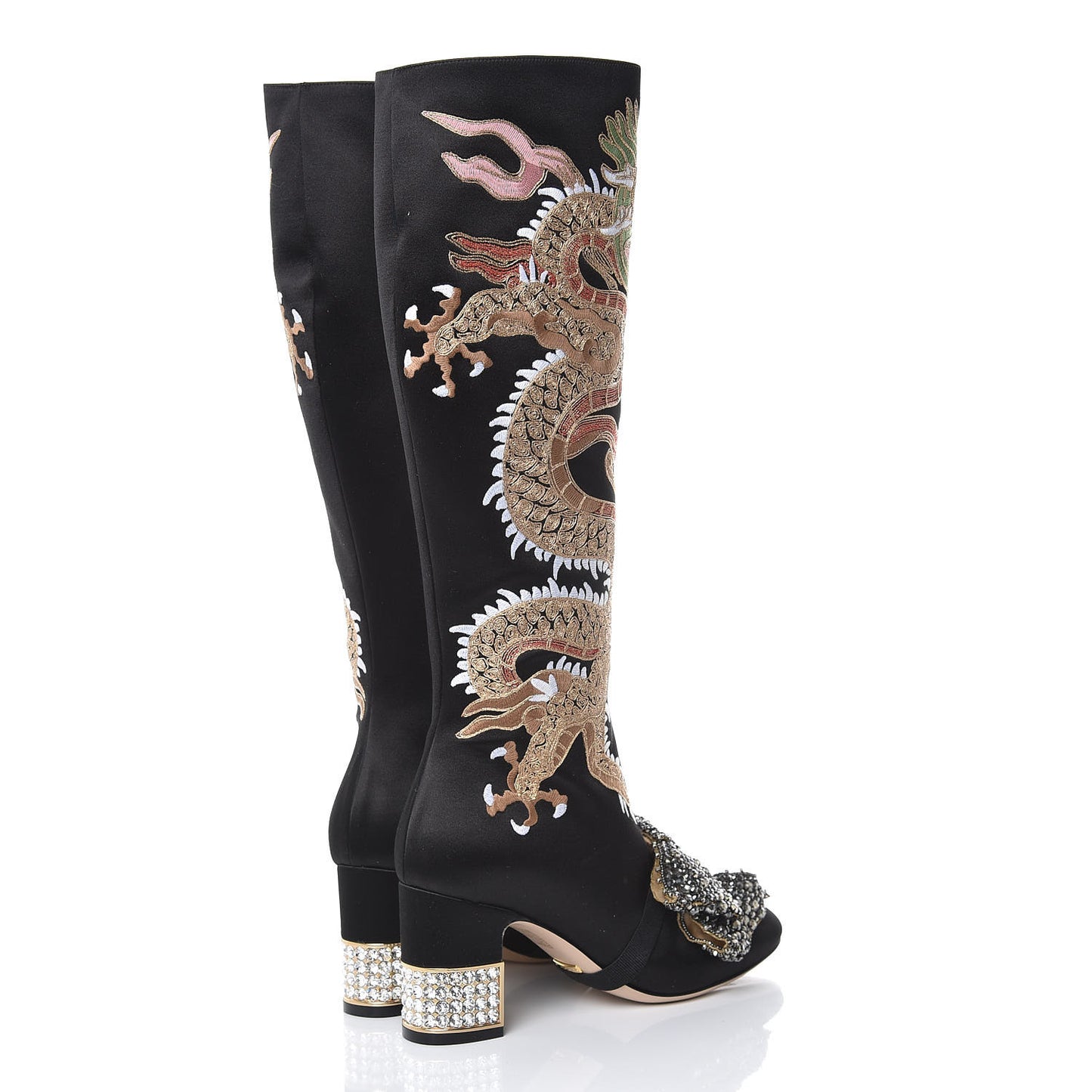 Silk Satin Malaga Kid Embroidered Candy Dragon Block-Heel Knee Boot 37.5 Black