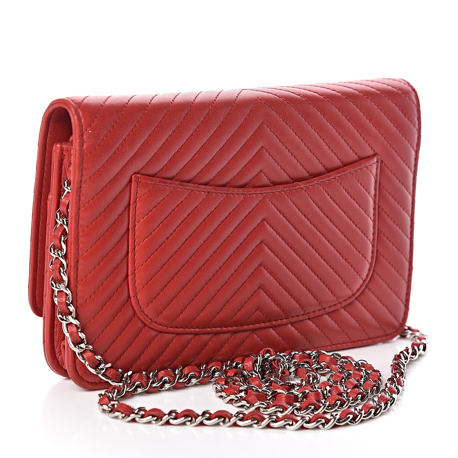 Chanel Lambskin Chevron Quilted Wallet On Chain WOC Red 3 of 15