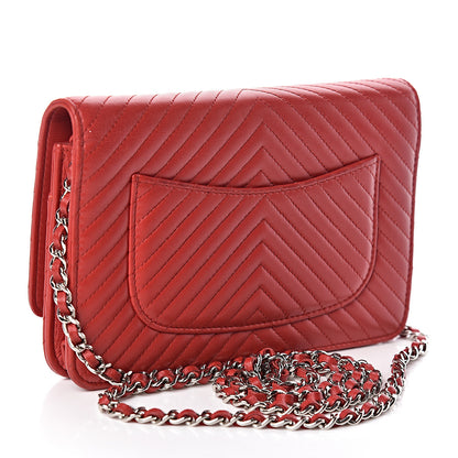 Chanel Lambskin Chevron Quilted Wallet On Chain WOC Red 3 of 15