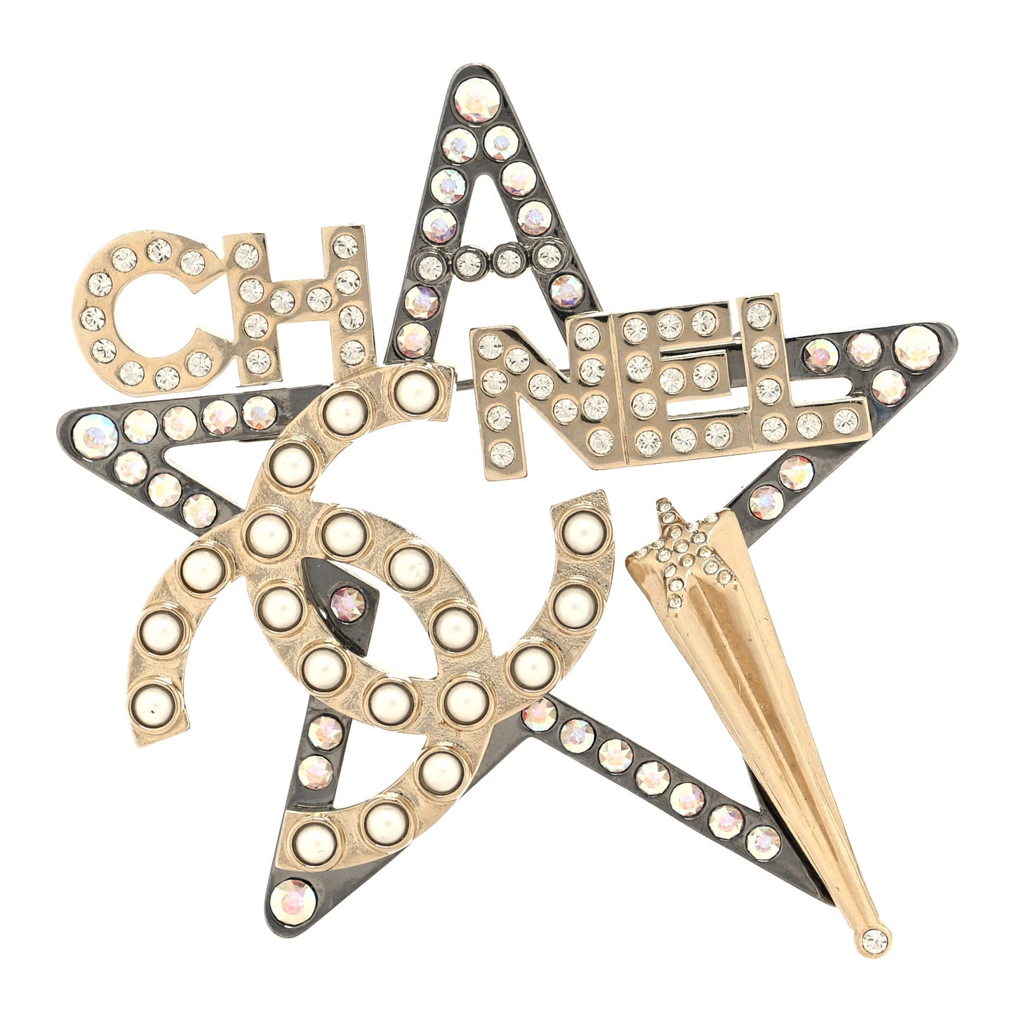 Ruthenium Crystal Pearl Logo Star Brooch Silver Gold