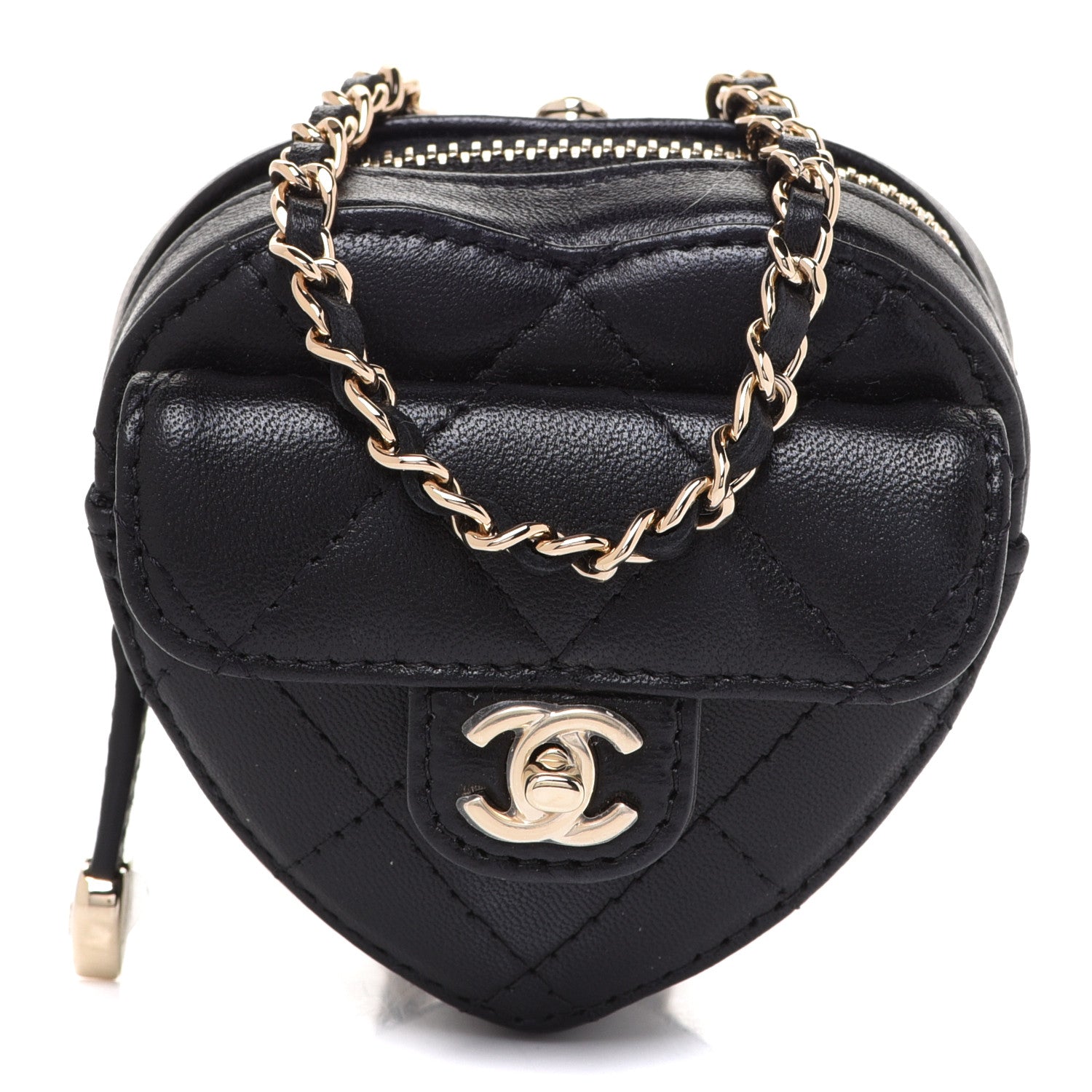 Chanel Lambskin Quilted CC In Love Heart Coin Purse With Chain Black 1 of 7