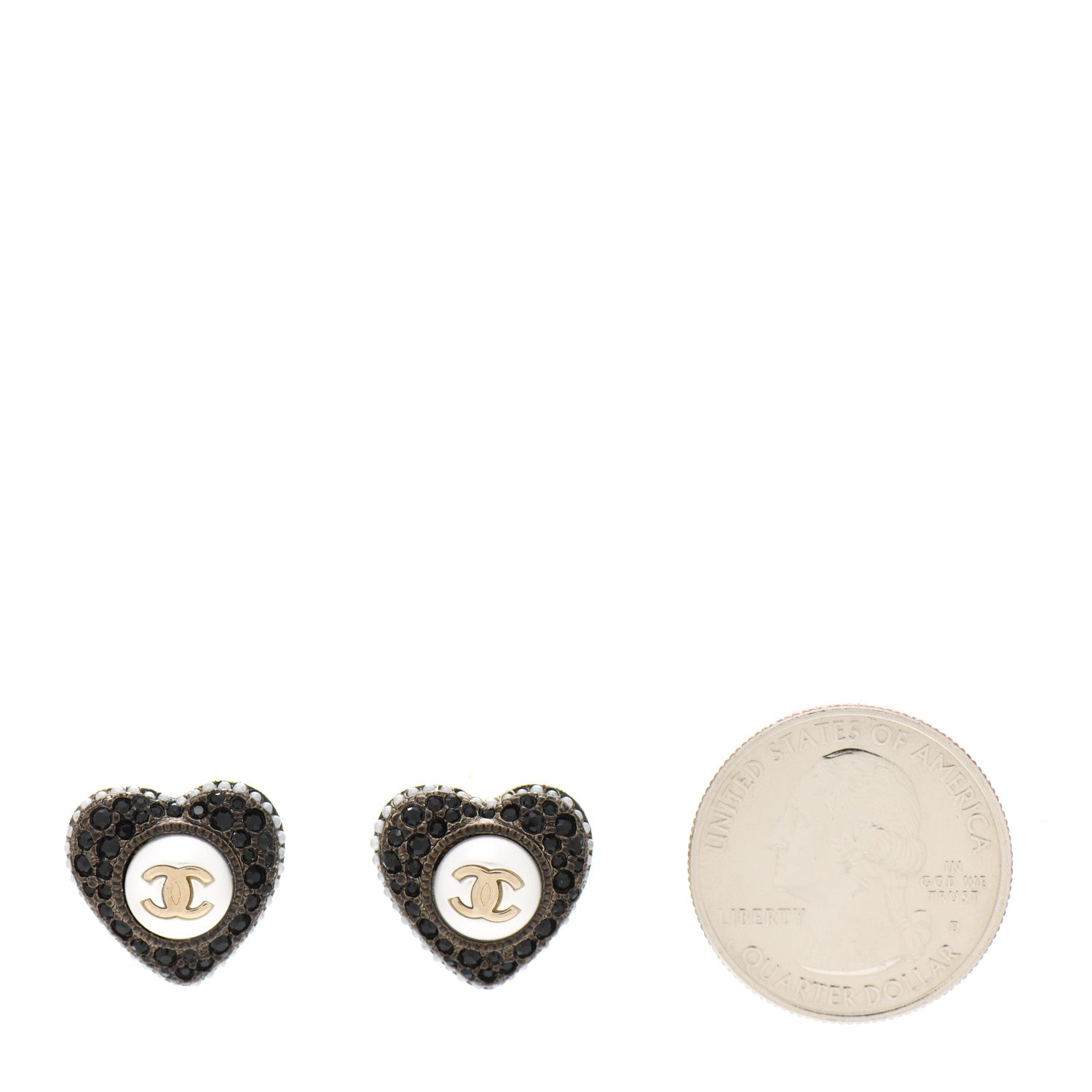Chanel Pearl Crystal CC Heart Earrings Gold Black 2 of 5