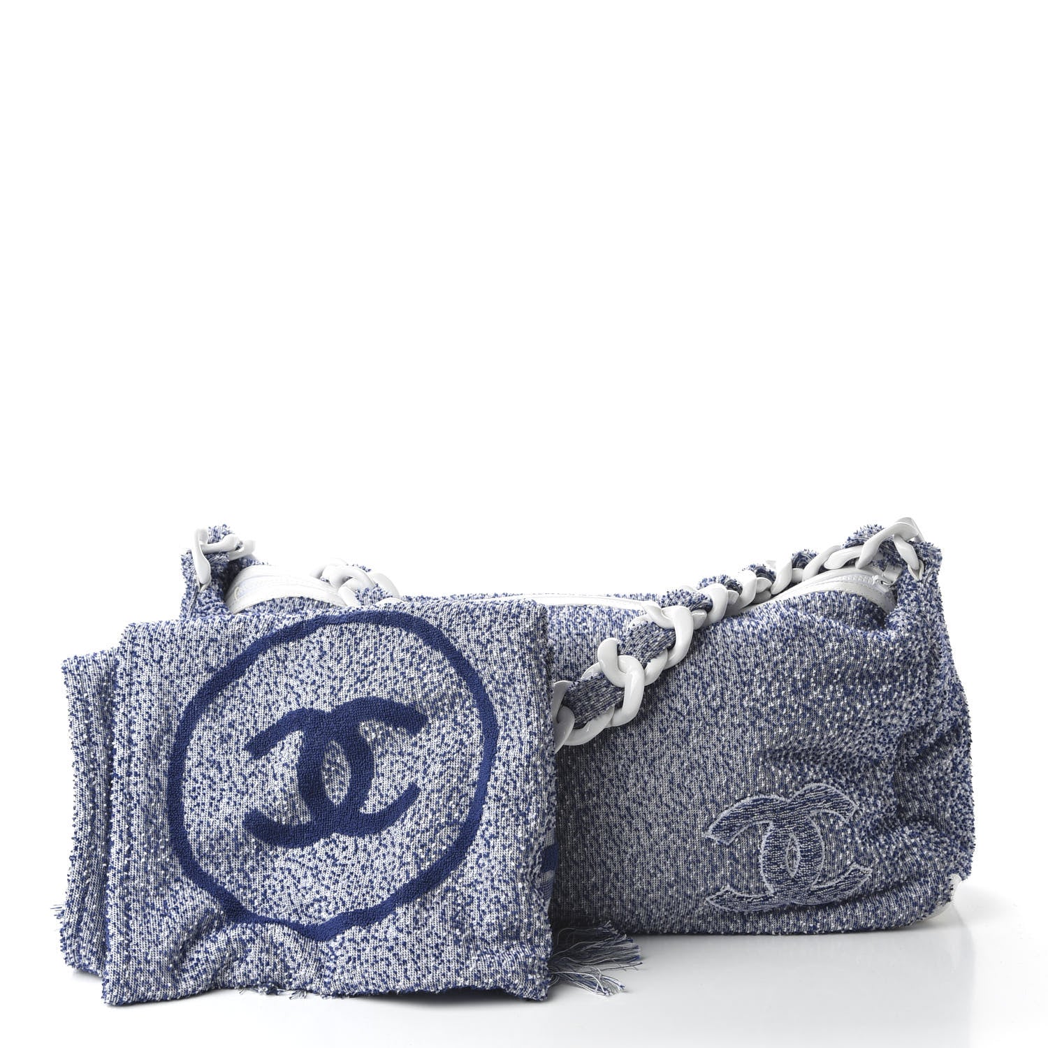 Chanel Terry Cotton Resin Chain Fizzy Hobo Blue White 10 of 13