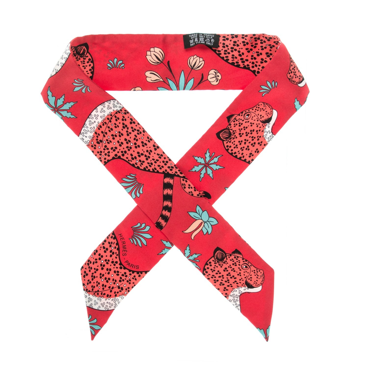 Hermes Silk Les Leopards Twilly Rouge Corail Turquoise 1 of 5