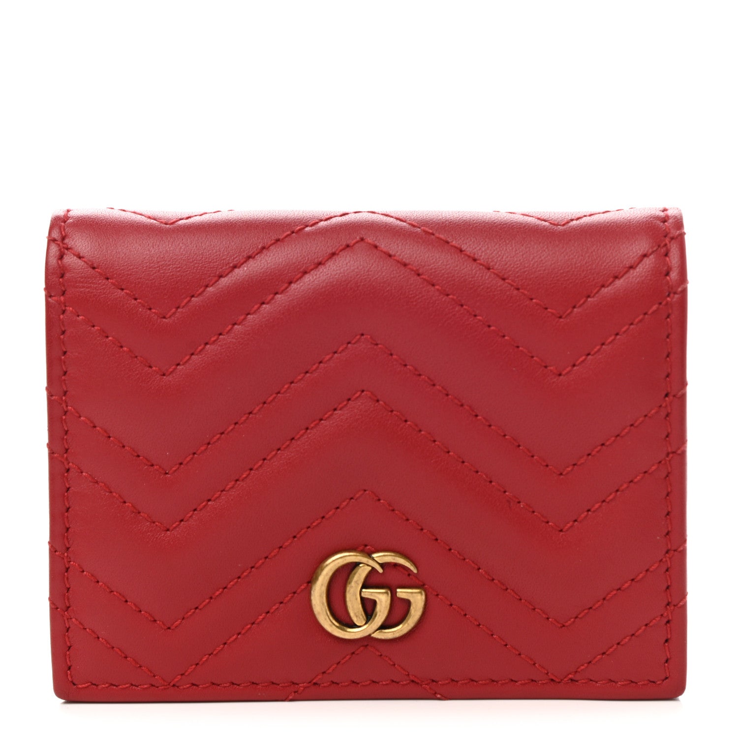 Gucci Calfskin Matelasse GG Marmont Card Case Wallet Hibiscus Red 1 of 8