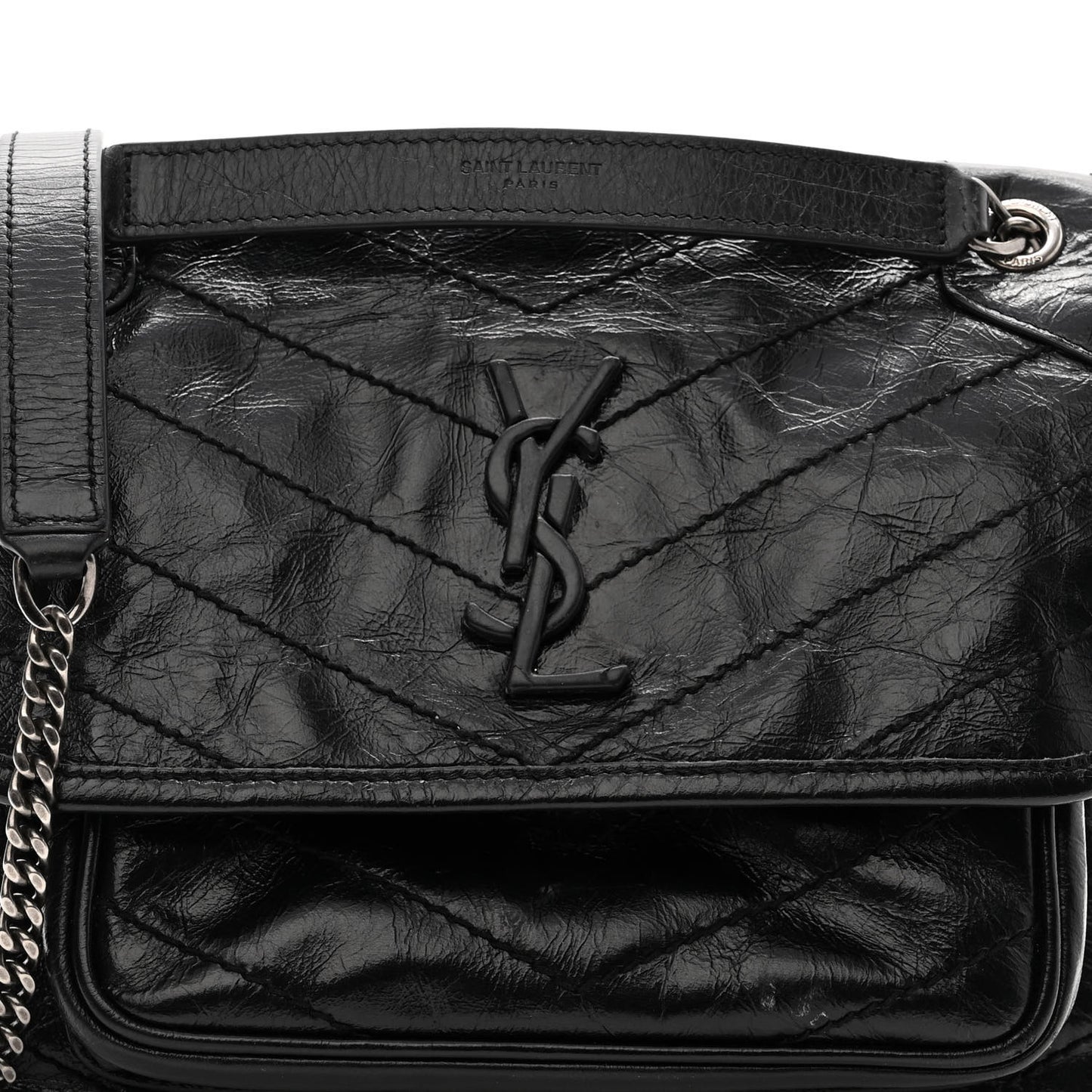 Crinkled Calfskin Matelasse Monogram Baby Niki Chain Satchel Black