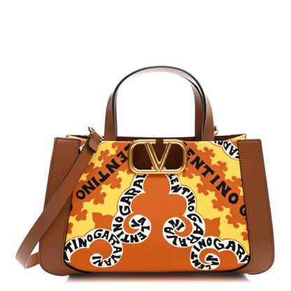 Valentino Garavani Canvas Calfskin Mini Bandana Print Small Vlogo Signature Tote Saddle Brown Multicolor 1 of 10