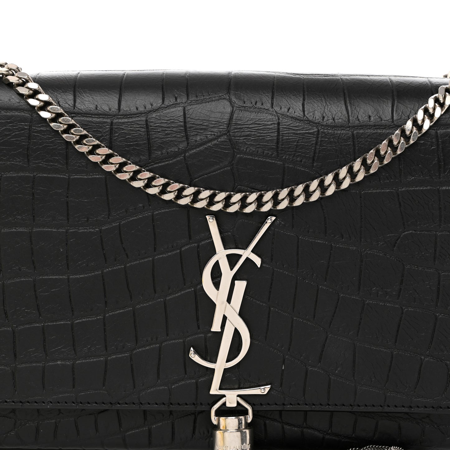 Calfskin Crocodile Embossed Medium Classic Monogram Kate Tassel Satchel Black