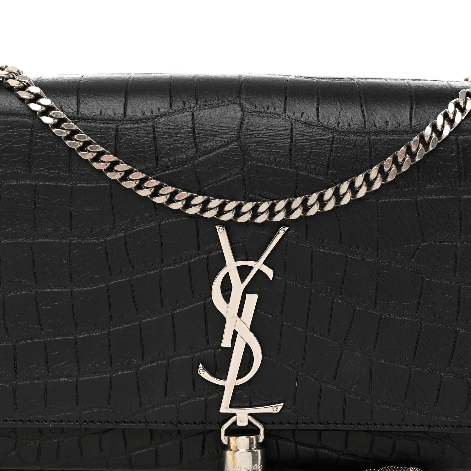 Saint Laurent Calfskin Crocodile Embossed Medium Classic Monogram Kate Tassel Satchel Black 9 of 11