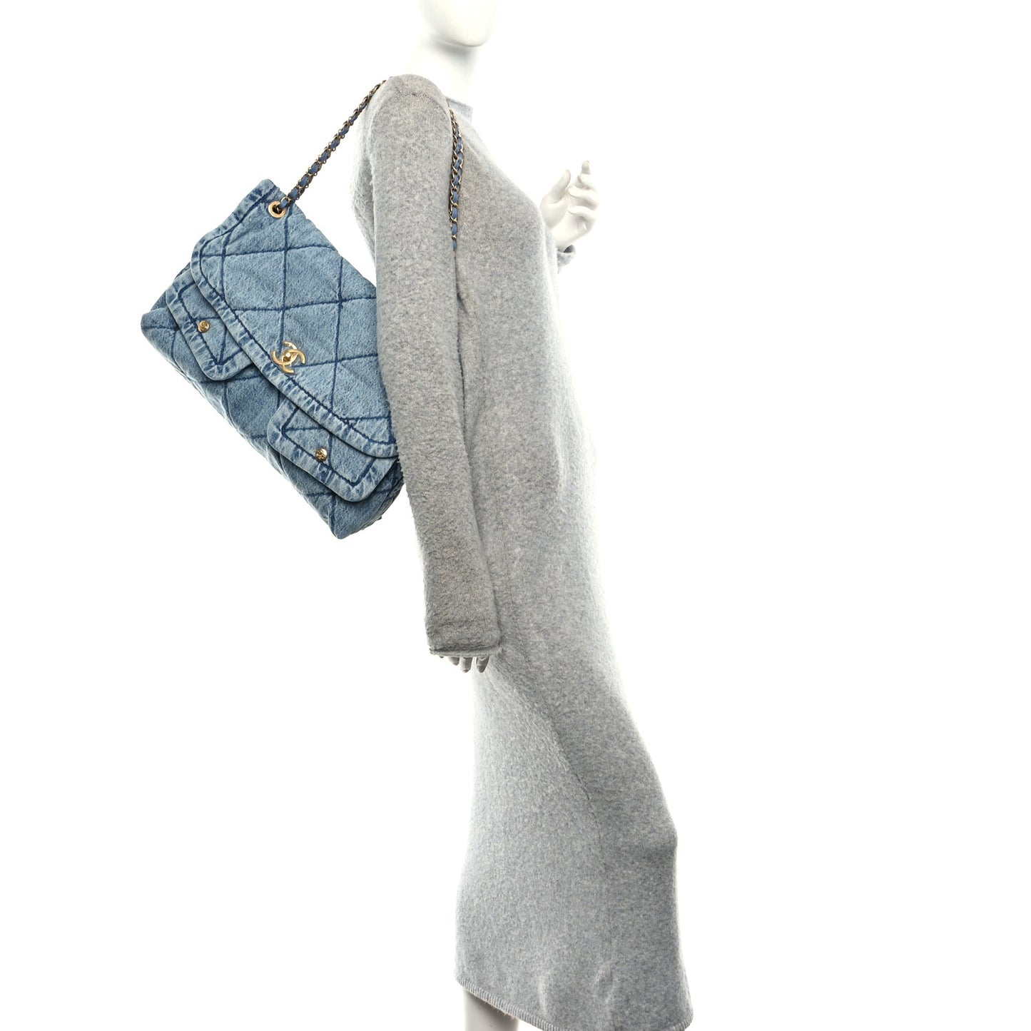 Washed Denim Quilted Maxi Flap Bag Blue