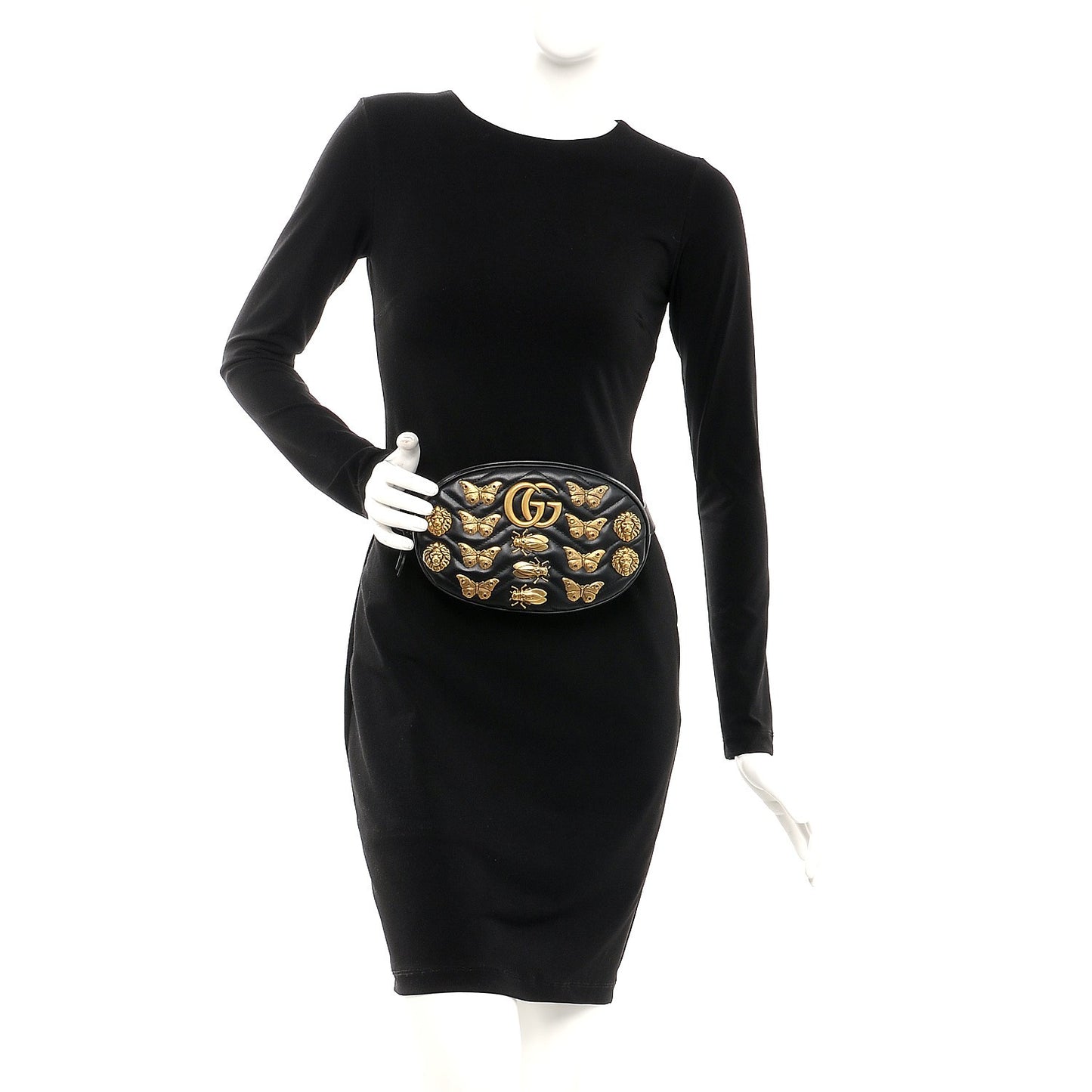 Calfskin Matelasse Animal Studs GG Marmont Belt Bag 85 34 Black