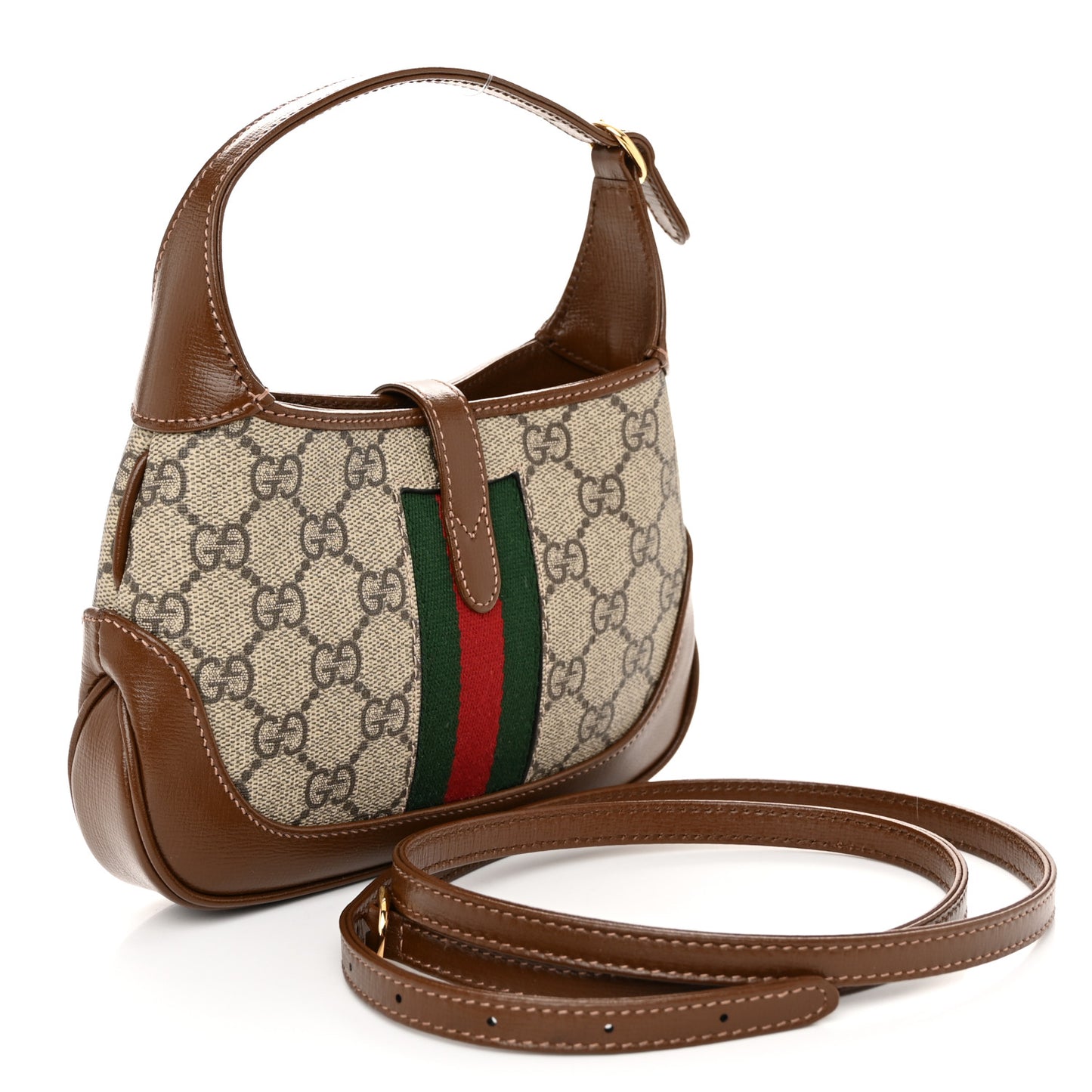 GG Supreme Monogram Azalea Calfskin Web Mini Jackie 1961 Hobo Beige Ebony Brown Sugar
