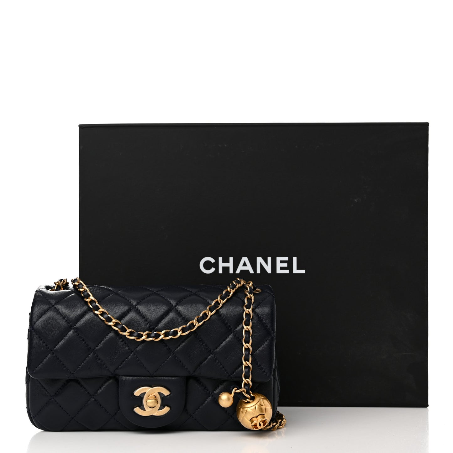 Lambskin Quilted Mini Pearl Crush Rectangular Flap Navy Blue
