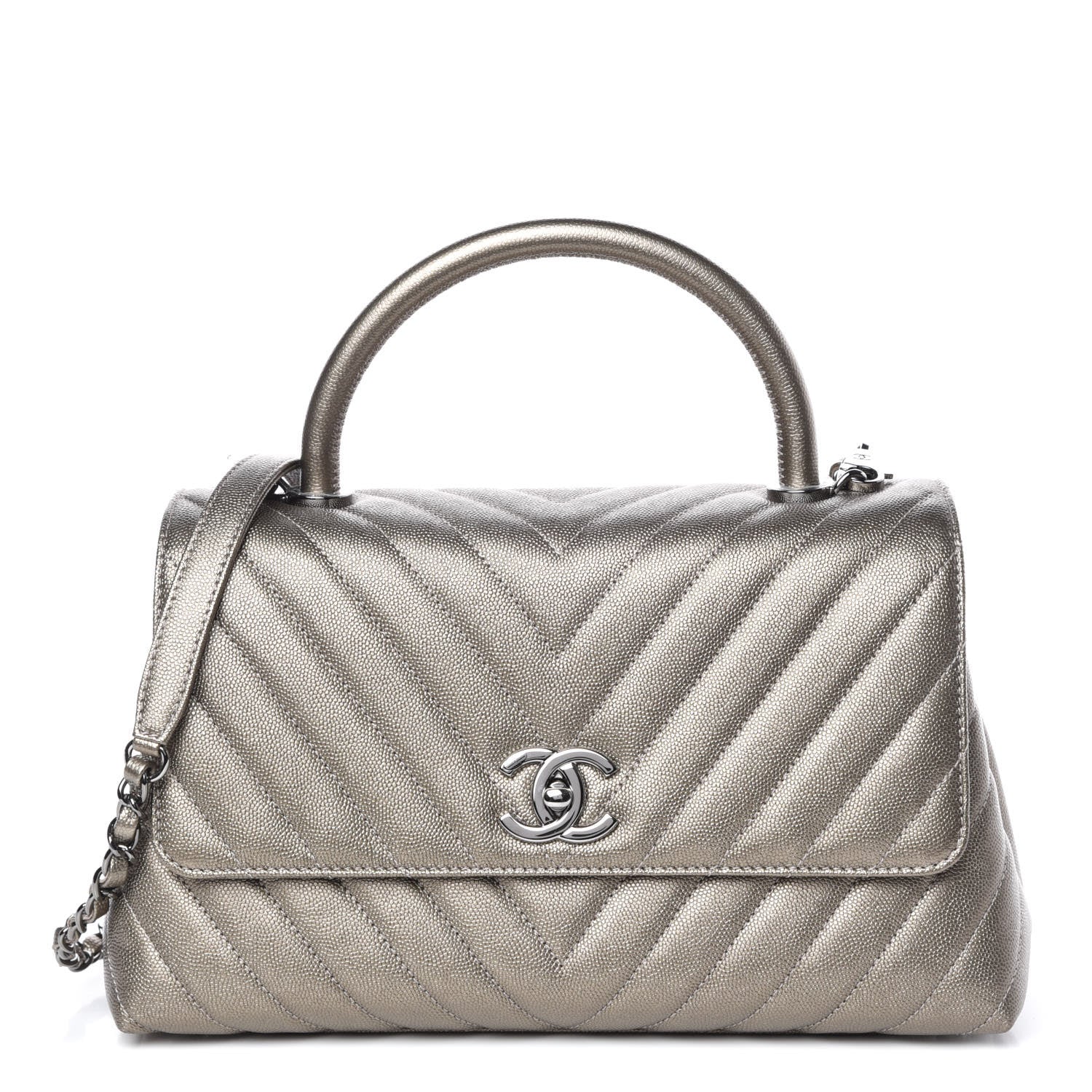 Chanel Metallic Caviar Chevron Quilted Small Coco Handle Flap Light Gold 1 of 10