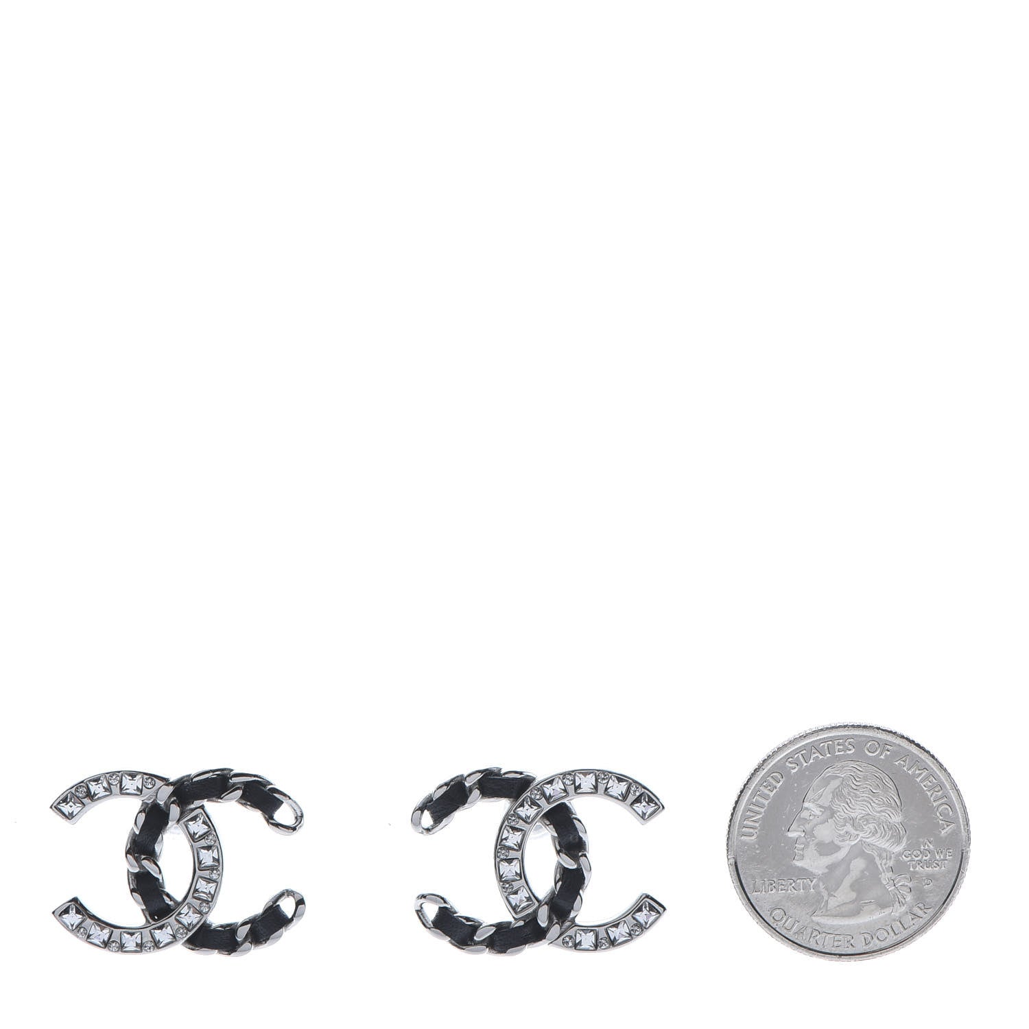 Chanel Crystal Baguette Lambskin Chain CC Vintage Allure Stud Earrings Black Silver 2 of 5