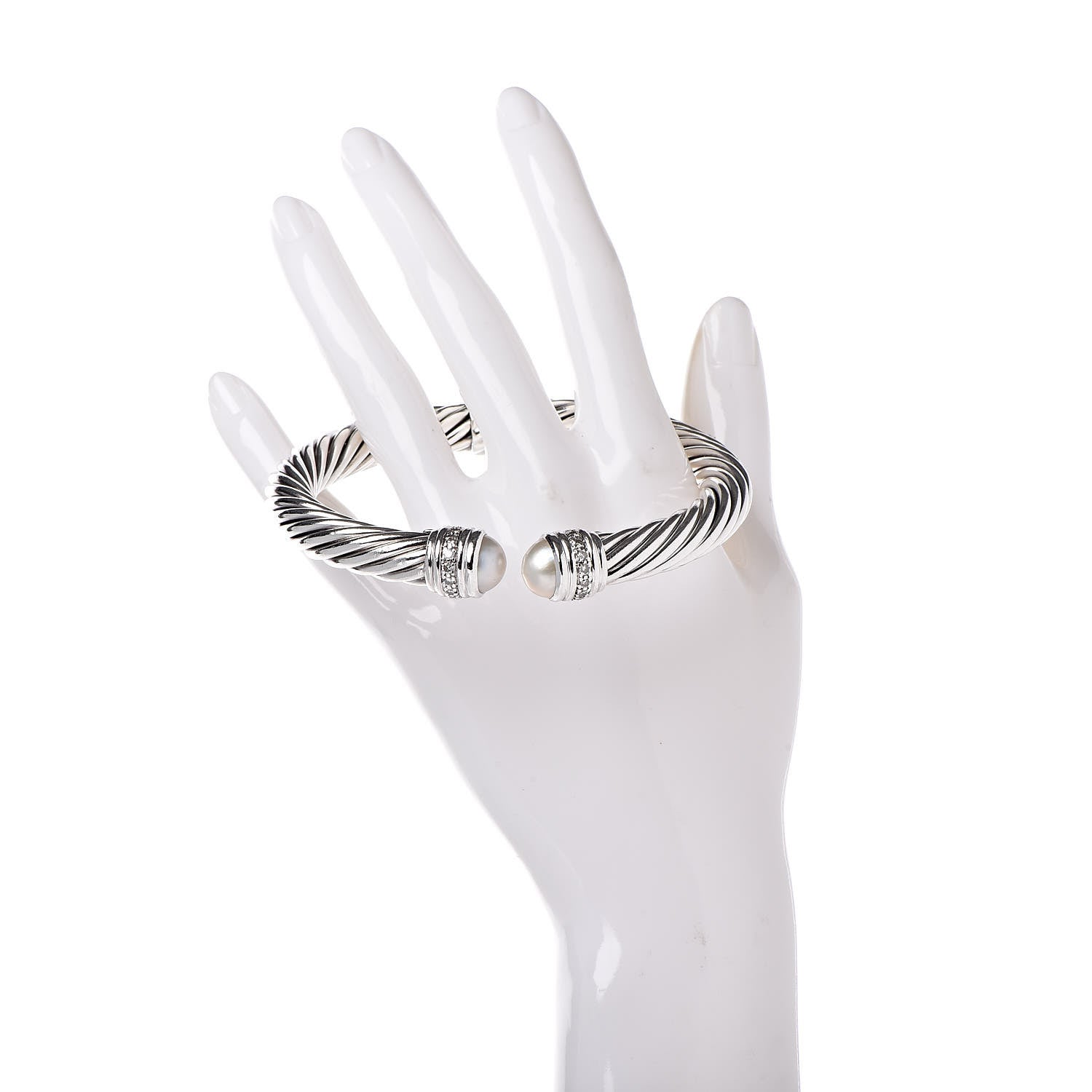 David Yurman Sterling Silver Pearl Diamond 10mm Cable Classics Hinged Bracelet XL 2 of 7