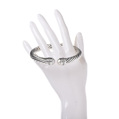 David Yurman Sterling Silver Pearl Diamond 10mm Cable Classics Hinged Bracelet XL 2 of 7