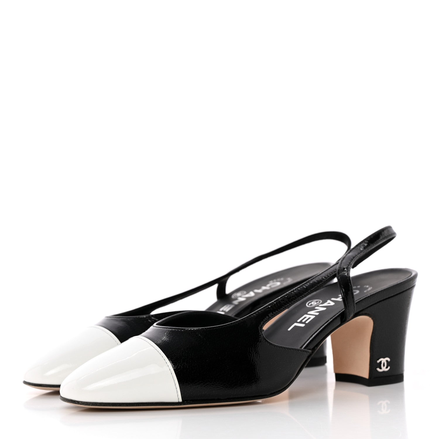 Chanel Patent Cap Toe CC Slingback Flats 36.5 Black White 3 of 13