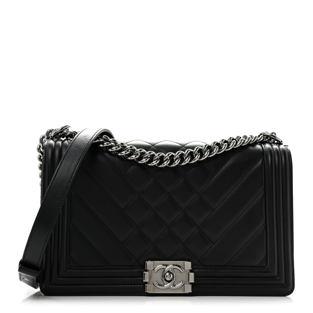 Calfskin Chevron Quilted  New Medium Boy Flap Black