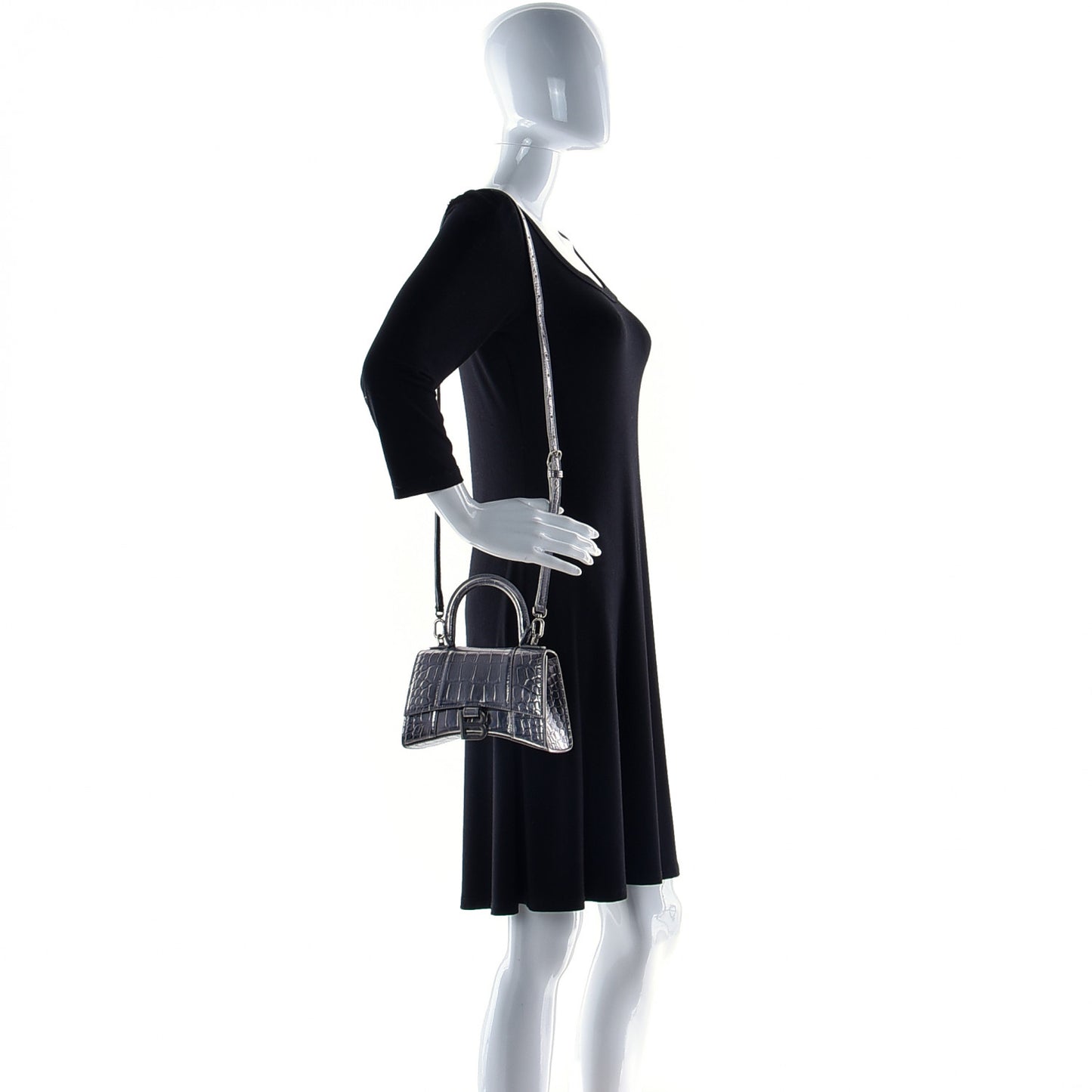 Shiny Calfskin Crocodile Embossed Hourglass Top Handle Bag XS Silver