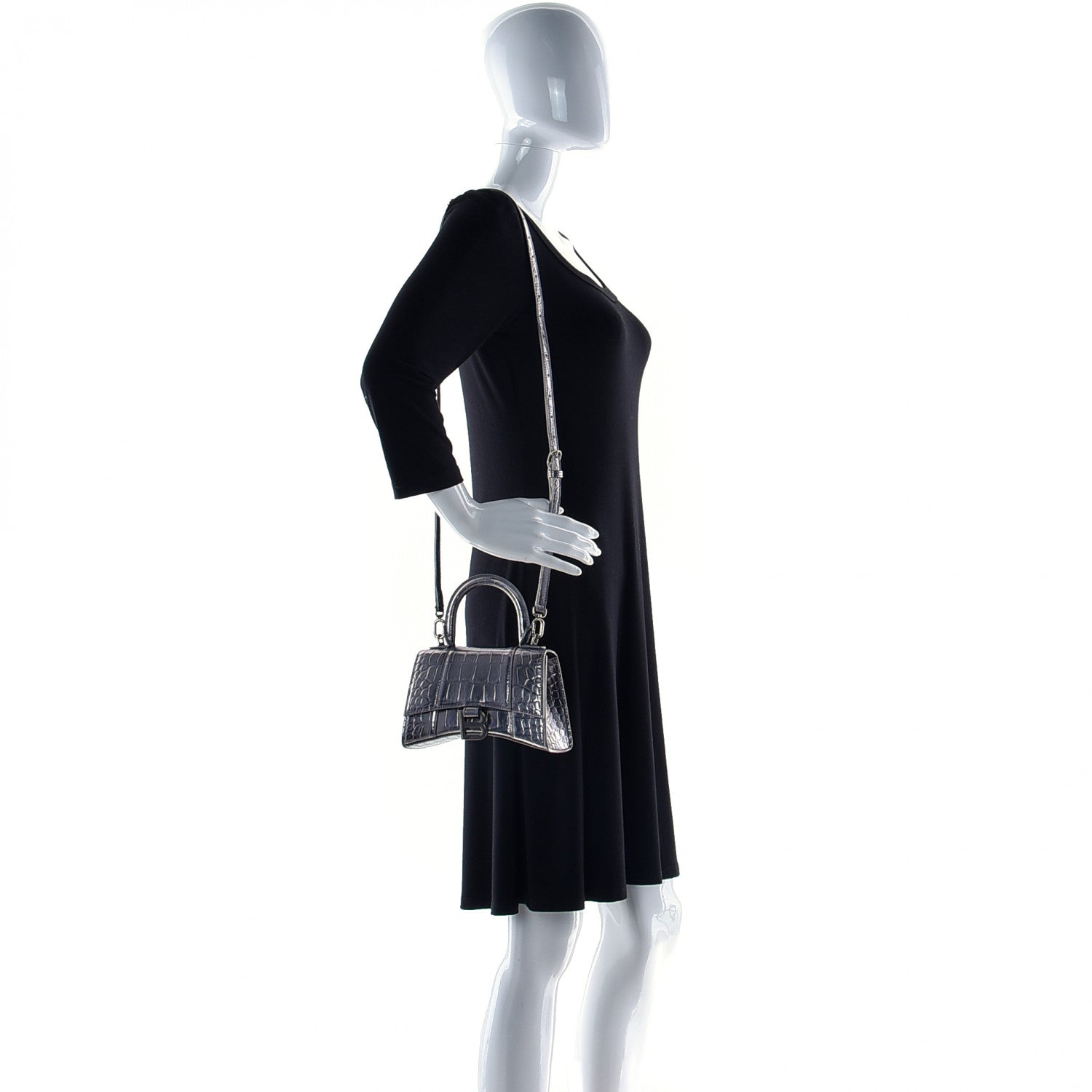 Balenciaga Shiny Calfskin Crocodile Embossed Hourglass Top Handle Bag XS Silver 3 of 8