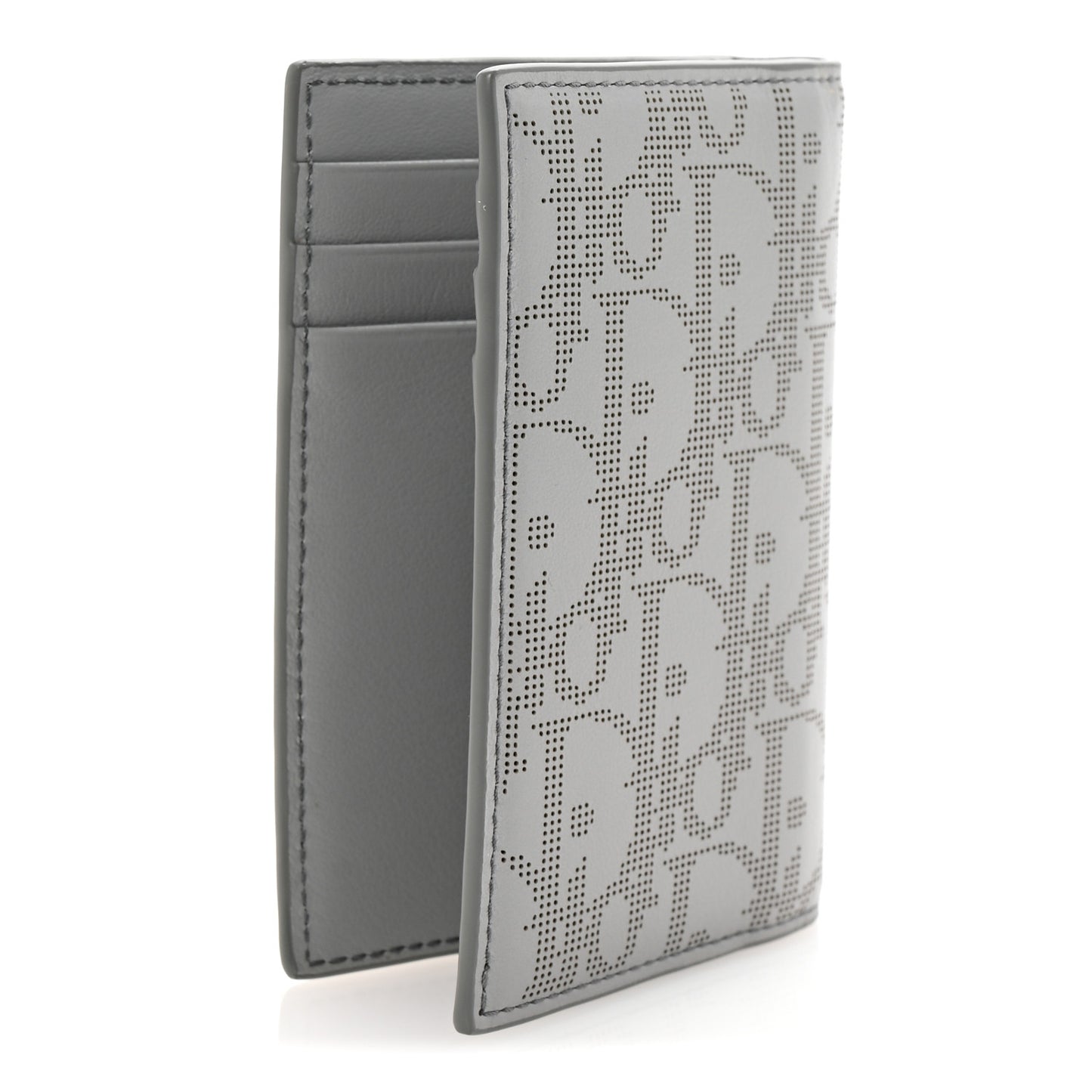 Calfskin Perforated Oblique Bi-Fold Card Holder Grey