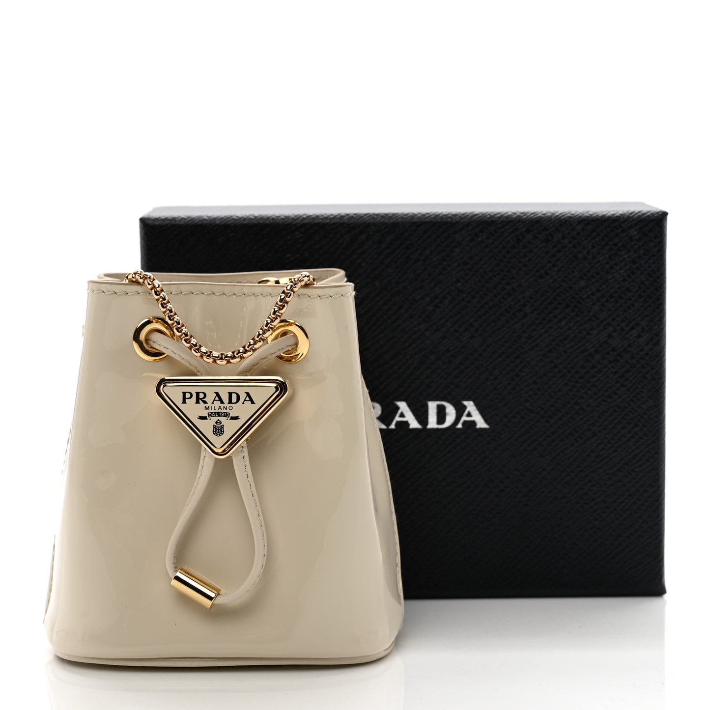 Vernice Metal Triangle Logo Mini Drawcord Pouch Shoulder Bag Avorio