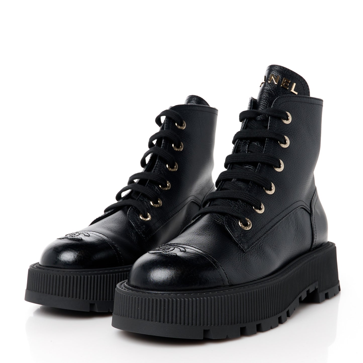 Grained Calfskin Shiny Calfskin CC Lace Up Combat Boots 39 Black