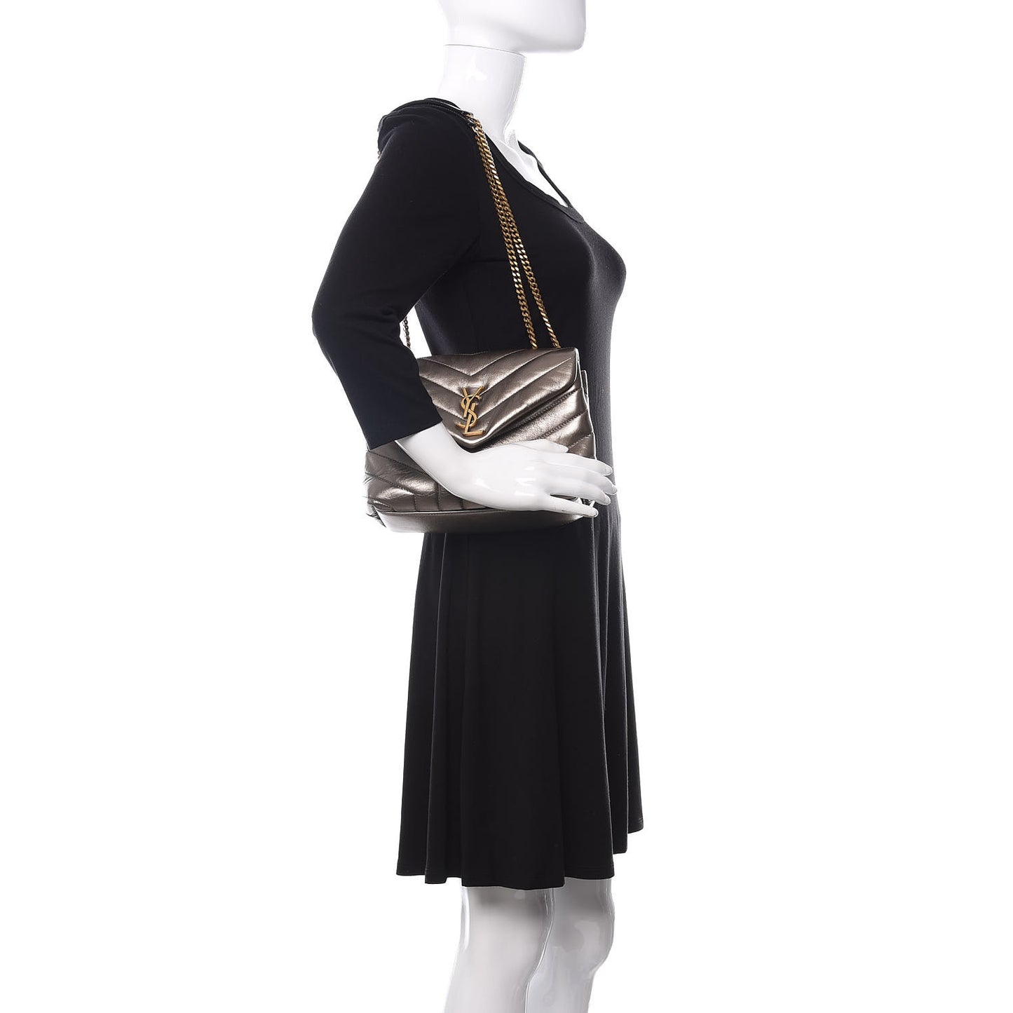 Metallic Calfskin Y Quilted Monogram Small Loulou Chain Satchel Brown Metallic