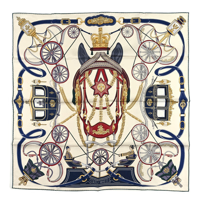 Hermes Silk Stately Wheels Scarf 90 Creme Bordeaux Bleu 1 of 3