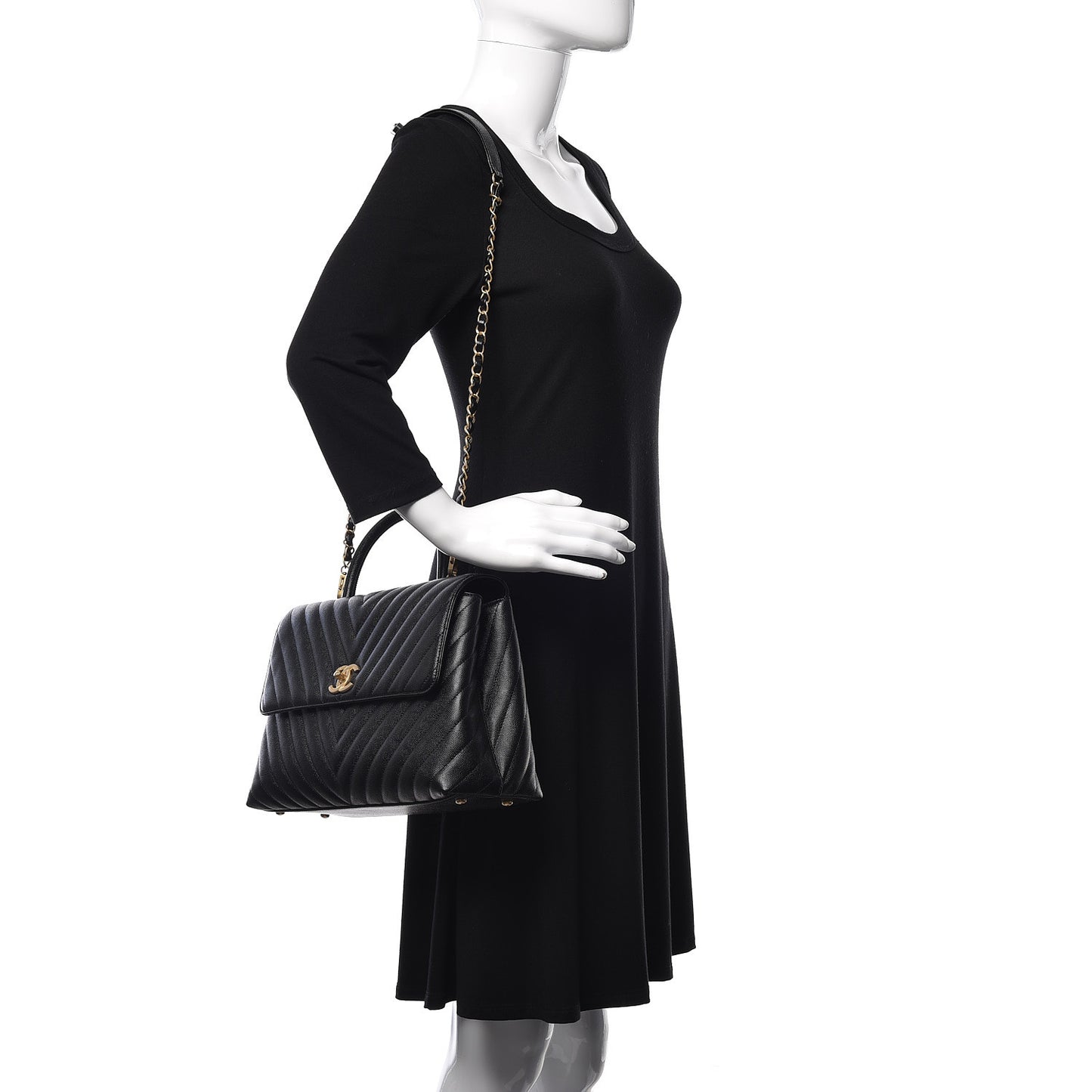 Caviar Chevron Quilted Medium Coco Handle Flap Black