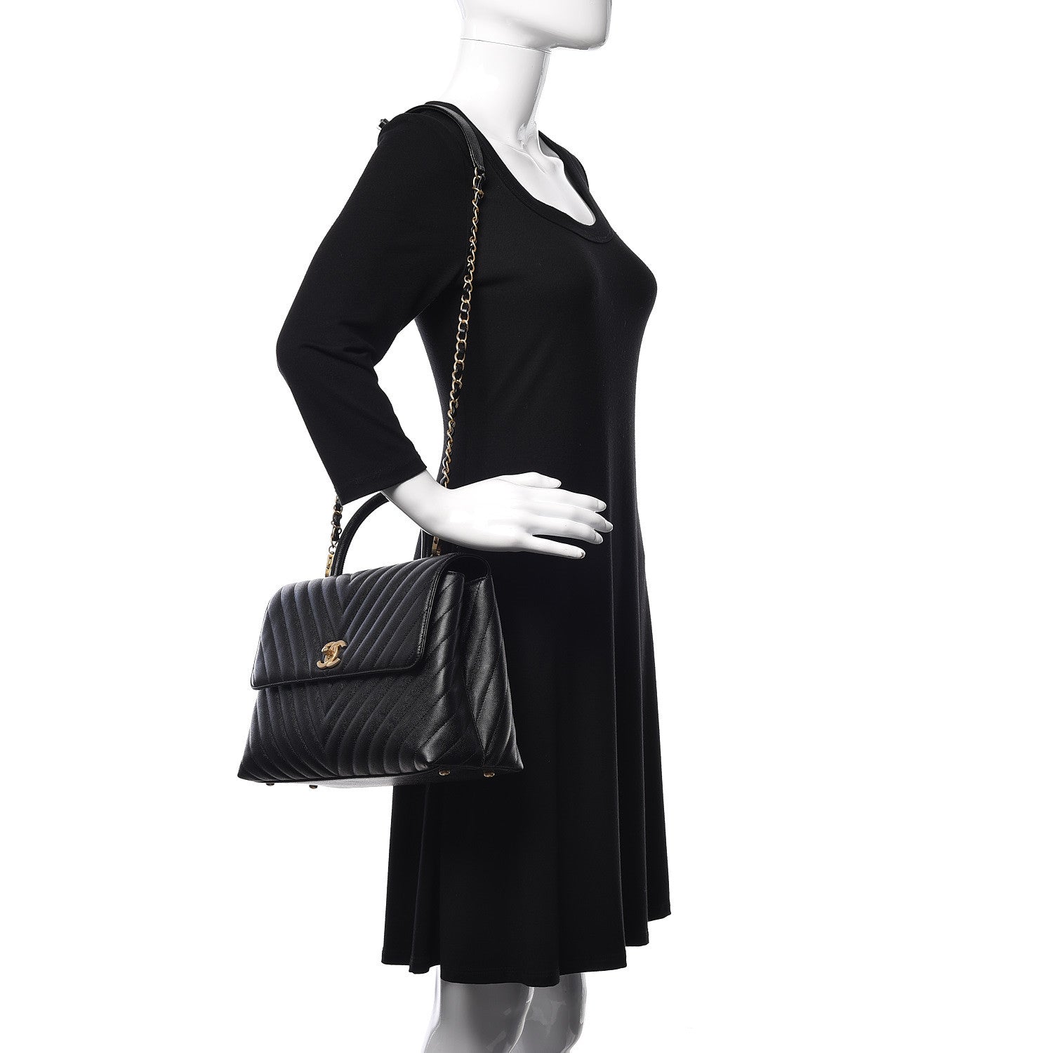Chanel Caviar Chevron Quilted Medium Coco Handle Flap Black 3 of 11