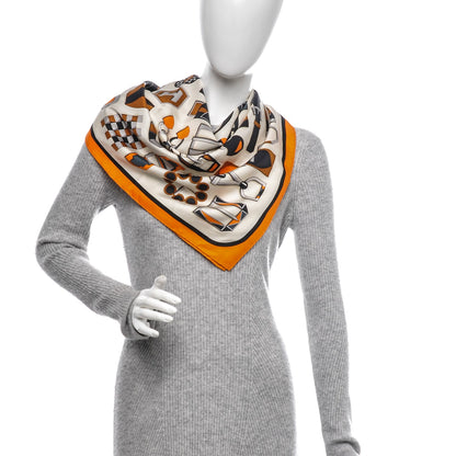 Hermes Silk Carré en Boucles Scarf 90 Créme Orange Marron 2 of 6