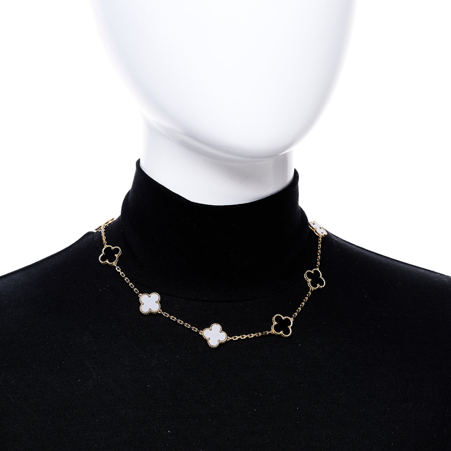 18K Yellow Gold Black Onyx 10 Motifs Vintage Alhambra Necklace