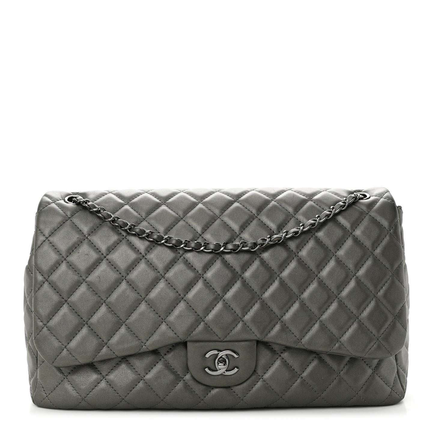 Metallic Calfskin Quilted Small XXL Travel Flap Bag Dark Silver
