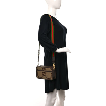 Gucci Monogram Jumbo GG Textured Dollar Calfskin Web Mini Crossbody Bag Camel Ebony New Acero 2 of 9