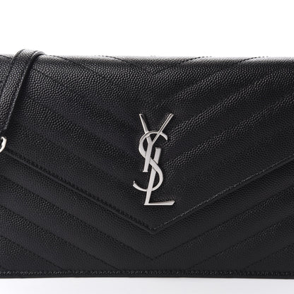 Saint Laurent Grain De Poudre Matelasse Chevron Monogram Envelope Chain Wallet Black 10 of 11