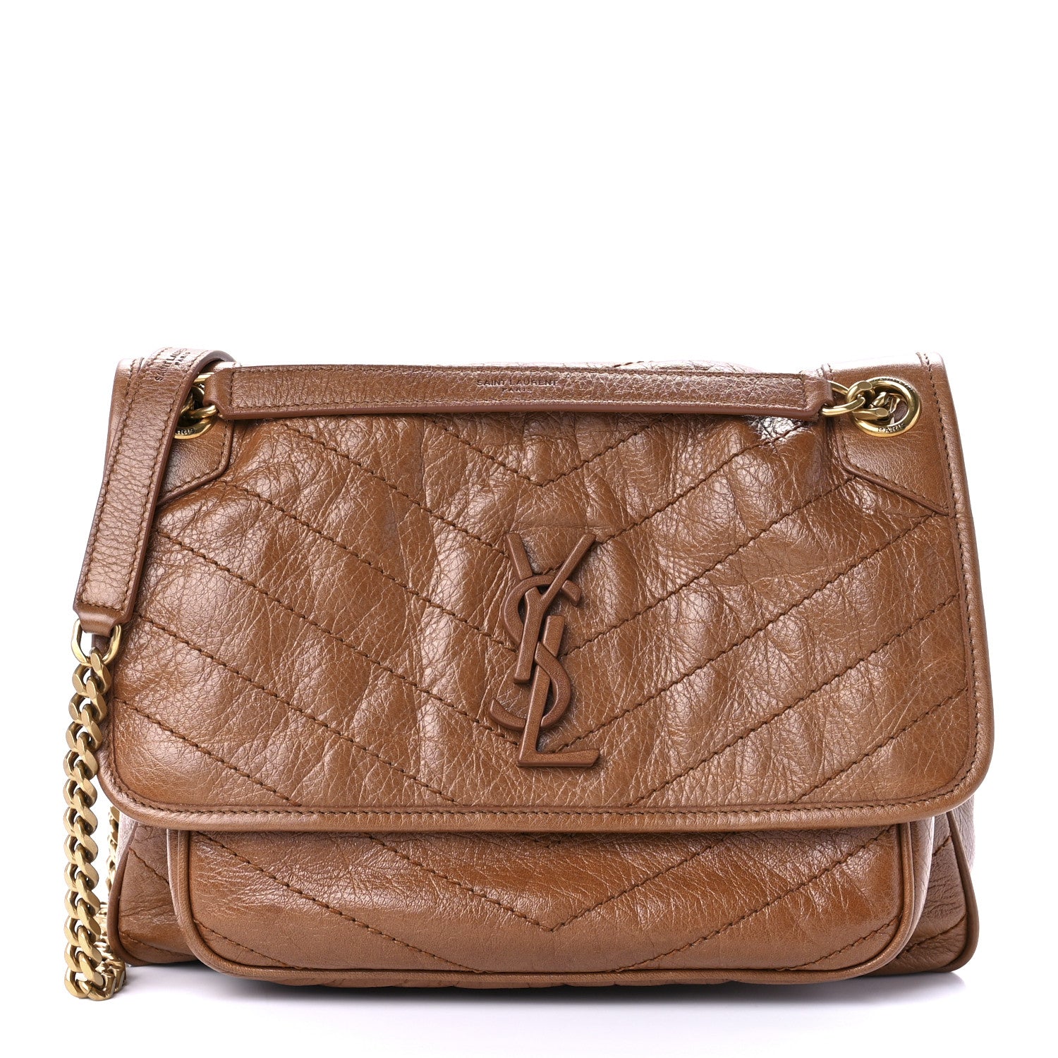 Saint Laurent Crinkled Calfskin Matelasse Monogram Medium Niki Chain Satchel Caramel 1 of 13