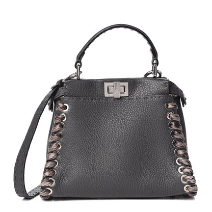 Fendi Cuoio Romano Elaphe Selleria Lace Up Bi-Color Mini Peekaboo Iconic Satchel Asfalto Latte Fumo 1 of 9