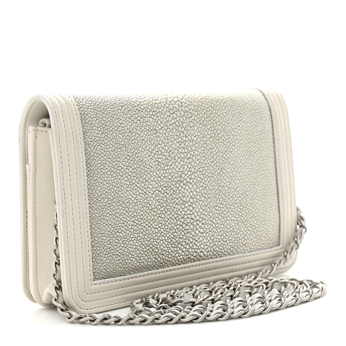 Metallic Galuchat Stingray Lambskin Boy Wallet On Chain WOC Silver