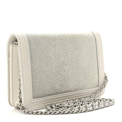 Chanel Metallic Galuchat Stingray Lambskin Boy Wallet On Chain WOC Silver 3 of 15