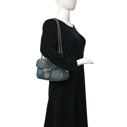 Gucci Denim Crystal Applique Small GG Marmont Shoulder Bag Blue 3 of 8