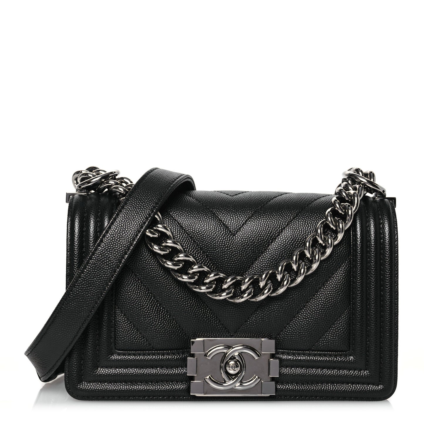Caviar Chevron Quilted Small Boy Flap Black