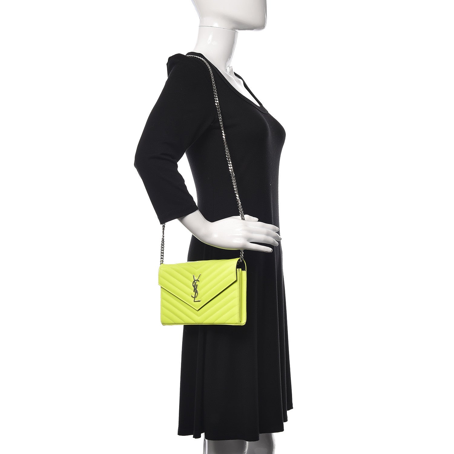 Saint Laurent Patent Grain De Poudre Matelasse Chevron Monogram Chain Wallet Neon Yellow 2 of 15