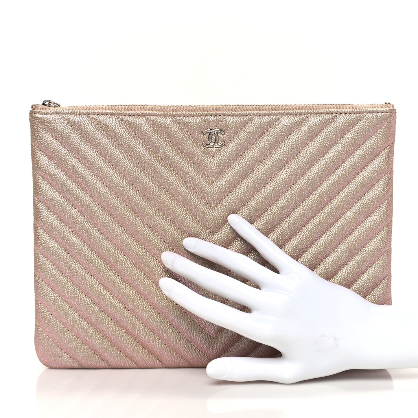 Iridescent Caviar Chevron Quilted Medium Cosmetic Case Light Gold
