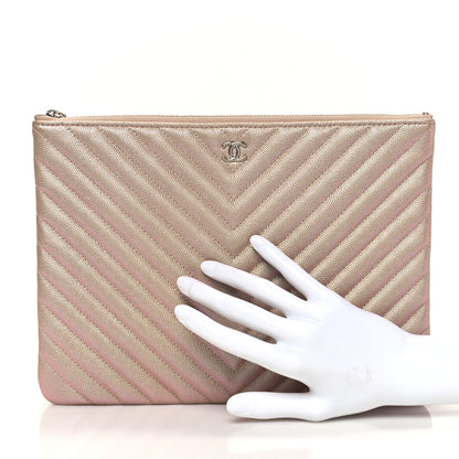 Chanel Iridescent Caviar Chevron Quilted Medium Cosmetic Case Light Gold 2 of 8
