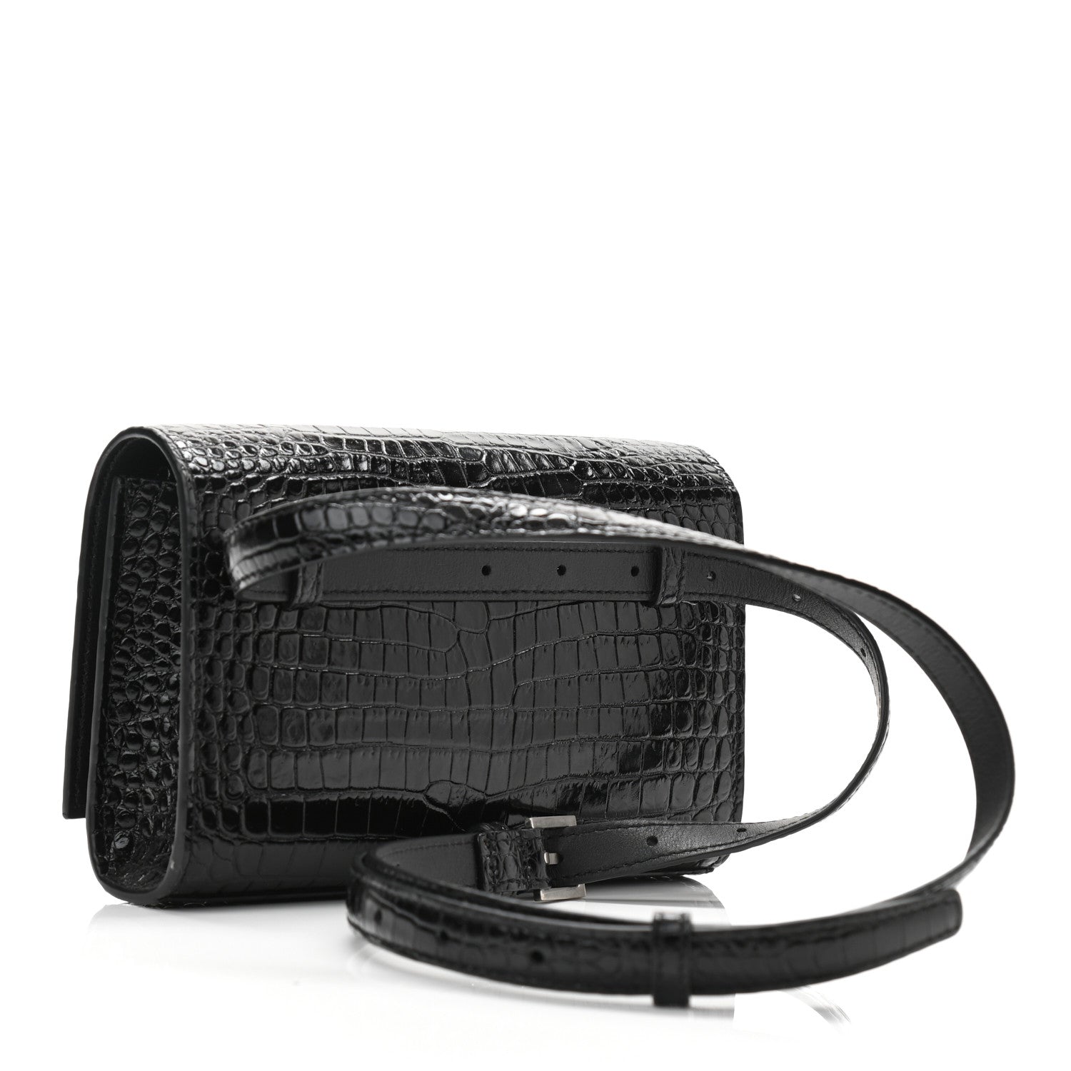 Saint Laurent Calfskin Crocodile Embossed Monogram Kate Belt Bag Black 3 of 9
